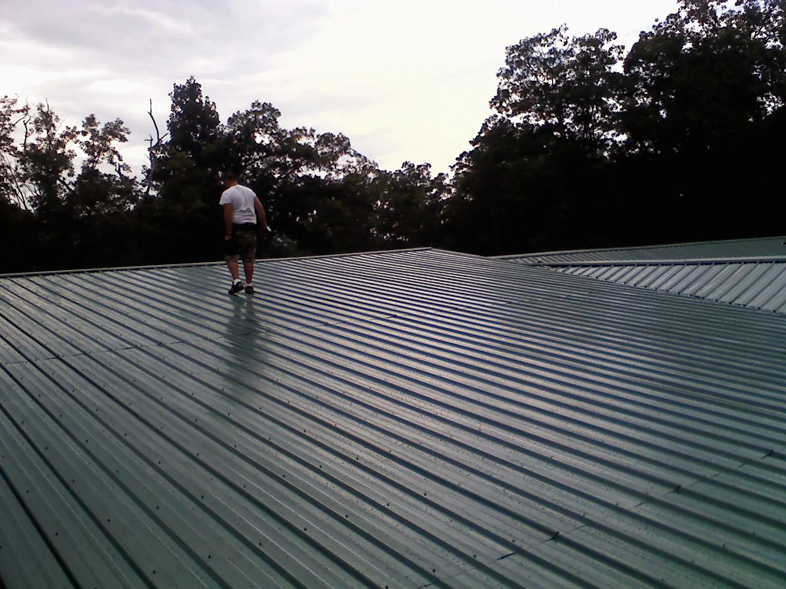 Roofer walking a wide expanse of new green metal roofing in Surfside